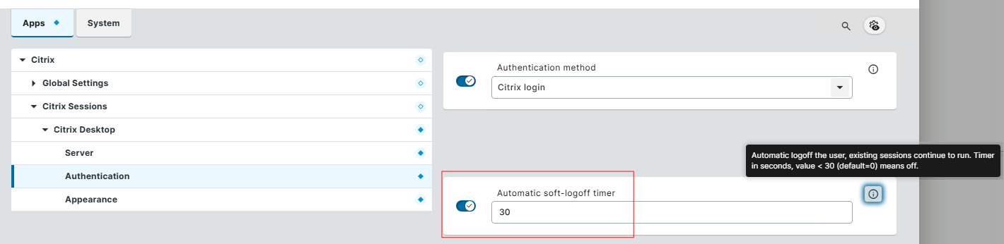 IGEL OS 12 Profile Configurator, Citrix session Authentication with the automatic soft-logoff timer set to 30 seconds